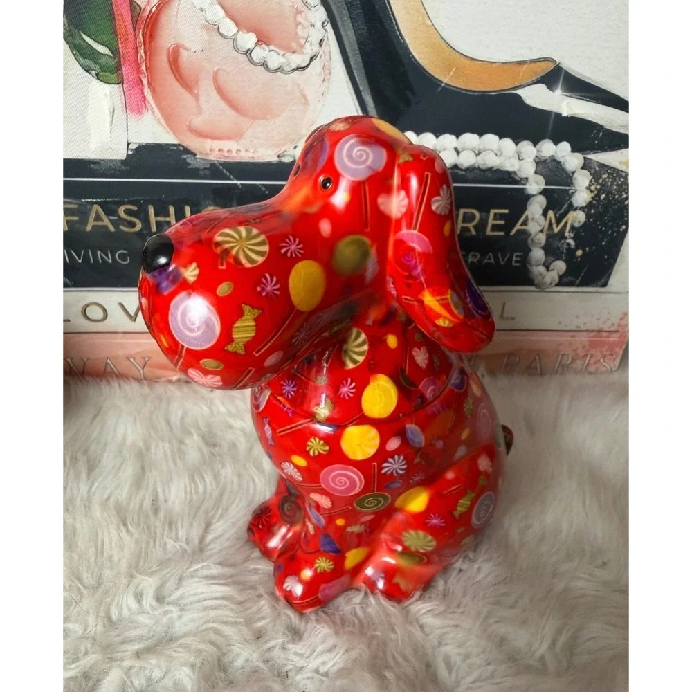 Red Candy Pattern Ceramic Dog Money Jar Treat Canister Whimsical Kitchen Decor